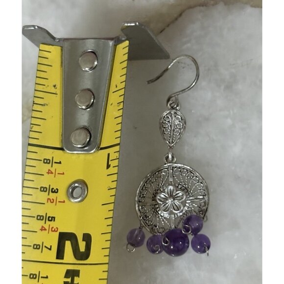Silver Tone Filigree Dangle Earrings Purple Bead Boho Vintage Style - Picture 3 of 4